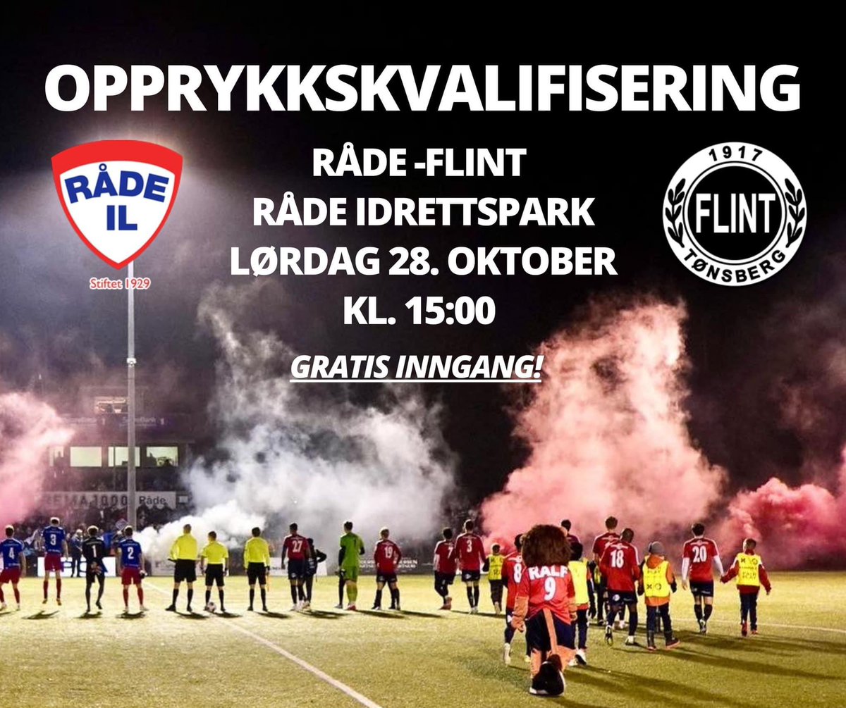Da er det klart! ⚽️
Vi møter Flint i opprykkskvalifiseringen!
Første match spilles i Råde lørdag 28. oktober og returkampen spilles i Tønsberg 4. november! ⚽️

Vi håper å fylle idrettsparken! 👏
Det blir gratis inngang og mange aktiviteter! 🎉

Del gjerne! ⚽️