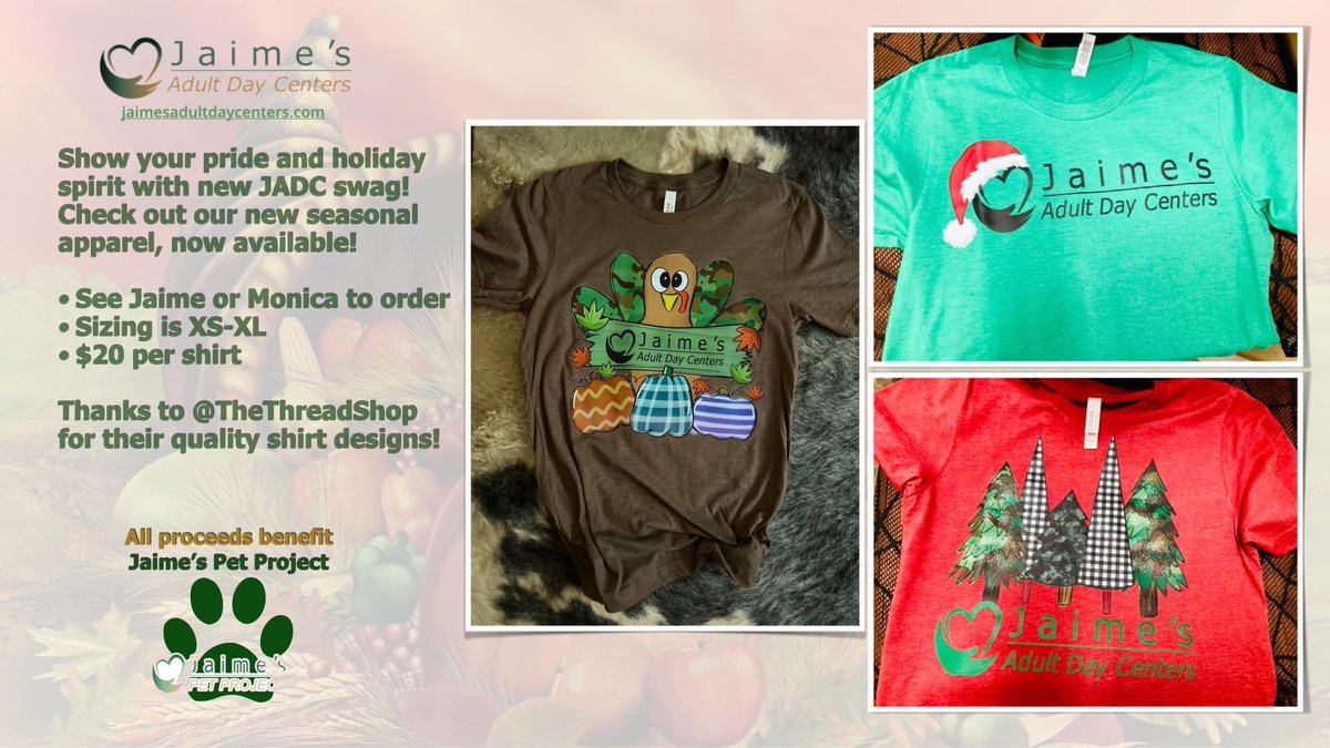 Jaime's Pet Project is excited to announce that 'holiday swag' is now available! 😁 Stop by and pick up a festive t-shirt--all proceeds for the holiday apparel will benefit our animal rescue friends. #seniorcaregiver #lutzfl #memorycare