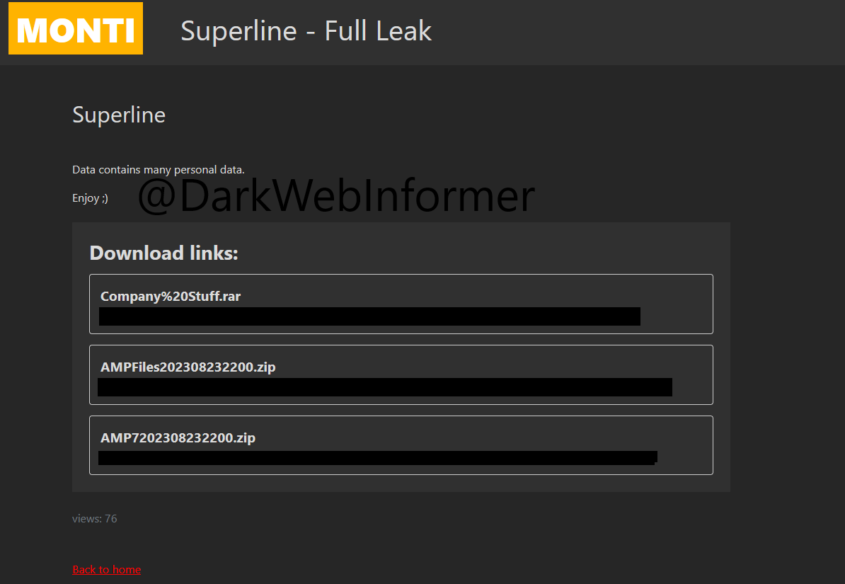 DarkWebInformer's tweet photo. Threat Actor: Monti
Ransomware Victim: Superline - Full Leak
Date: 2023-10-19
Note: Allegedly, #Monti has named #Superline as a victim. #Ransomware #StopRansomware #DarkWeb #DarkWebInformer #Leaks #Leaked #Cyberattack https://t.co/iMwKzSzvCF