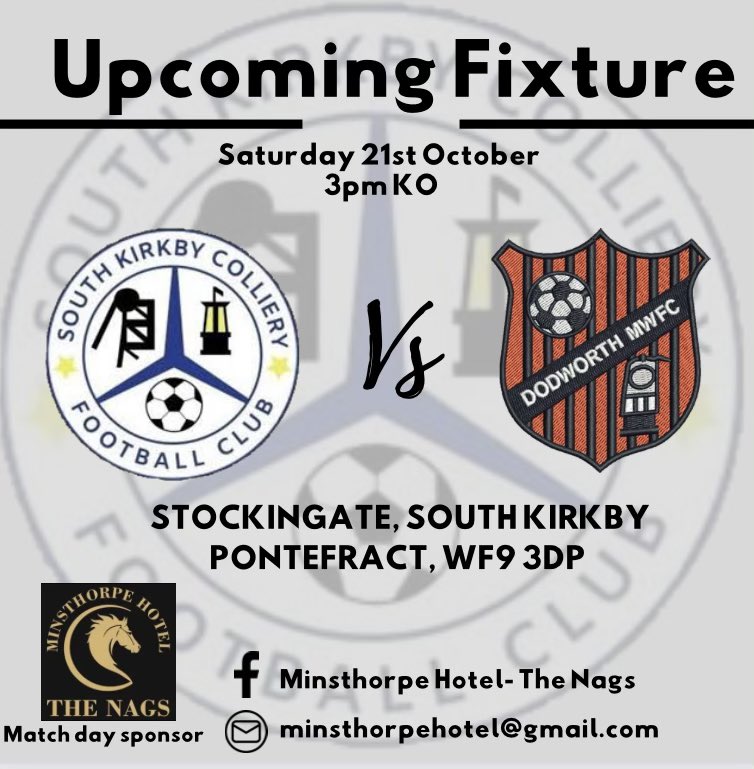 This Saturday we face <a href="/DMWFC/">Dodworth Miners Welfare FC</a>, A big thankyou to our match day sponsor the nags! We appreciate your support!
