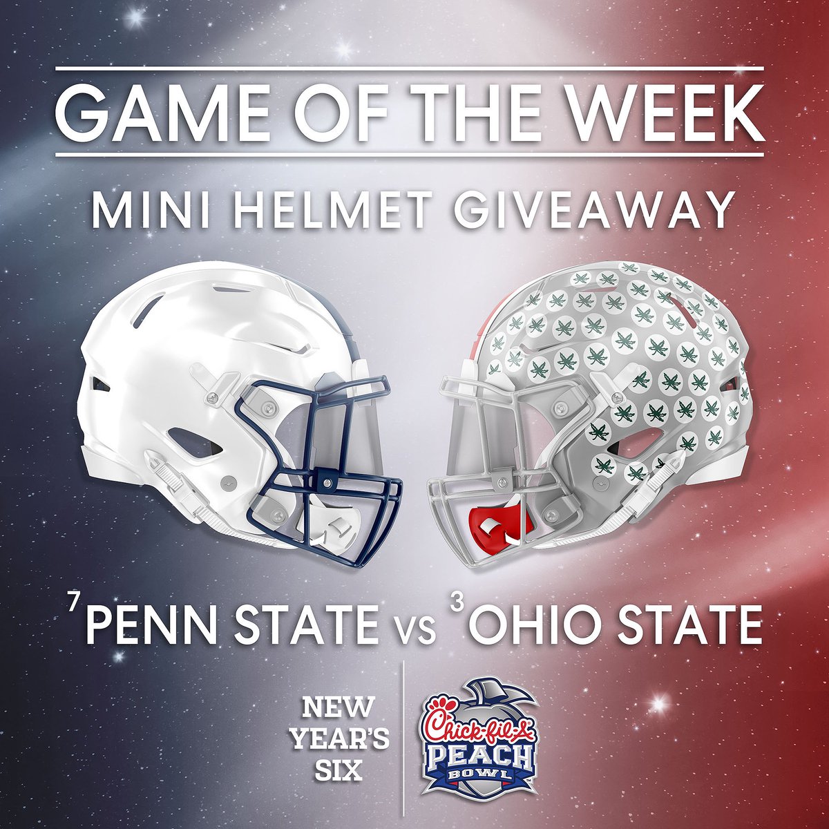 CFAPeachBowl's tweet image. A B1G time matchup with B1G postseason implications 👀

For a chance to win a @PennStateFball or @OhioStateFB mini helmet:
1️⃣ Follow us 
2️⃣ Repost
3️⃣ Comment who you’re cheering for