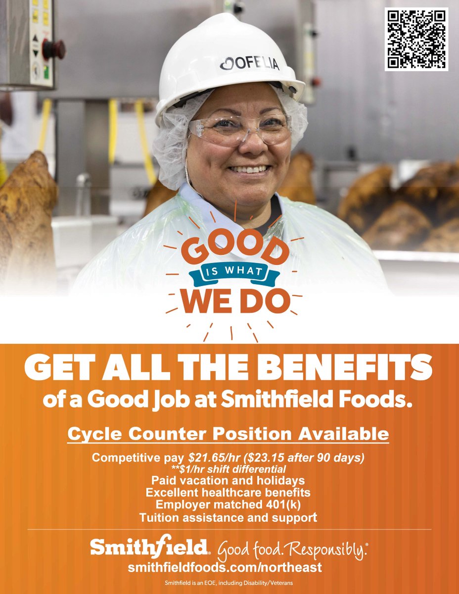 SWNJobs's tweet image. 📢 Join the Smithfield team for career growth, diversity, &amp;amp; wellness benefits! Equal-opportunity employer. Apply at smithfieldfoods.com/northeast 🚀 #SWNJobs #Hiring