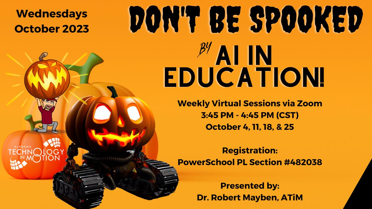 Next Wednesday, Oct 25 is your last chance to avoid being spooked by AI in Education! If you missed meetings 1-3, you can catch up at uatim.org/virtual! The final session is all about AI Tools w/ some ethics &amp; concerns discussion. Register via PSPL! <a href="/ATIMPD02/">ATIMPD!</a> <a href="/ALSDEEdTech/">ALSDE Educational Technology</a>