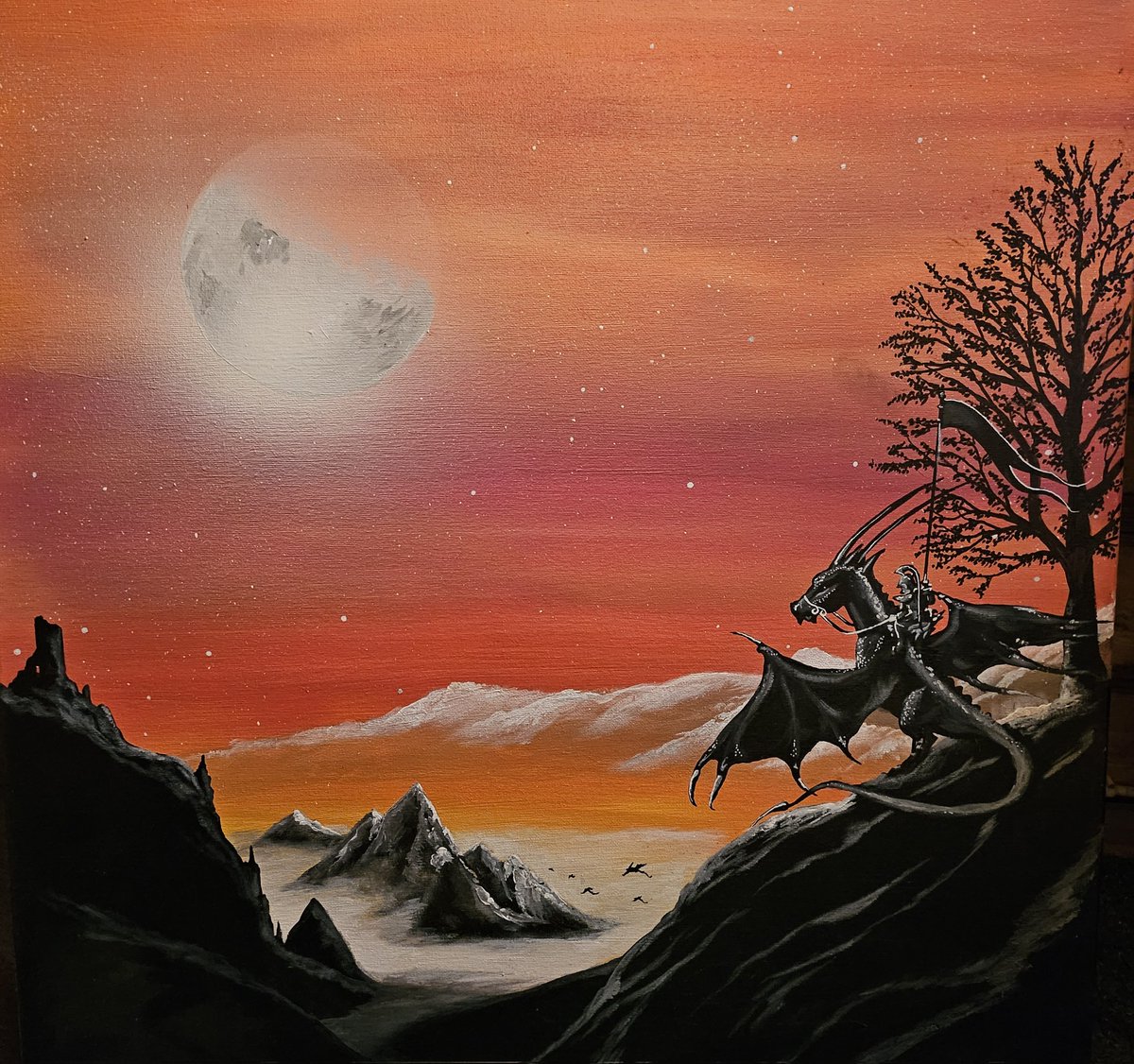 Attention,  public averti!
Je replonge dans l'univers médiéval fantastique, clairement JDR, avec cette toile
Grand format commencée en février que j'ai choisi d'intituler
"Les draconniers de la guilde d'Alsacyä".

Disponible à la vente en mp.
#dragons #drachen #MedievalFantasy