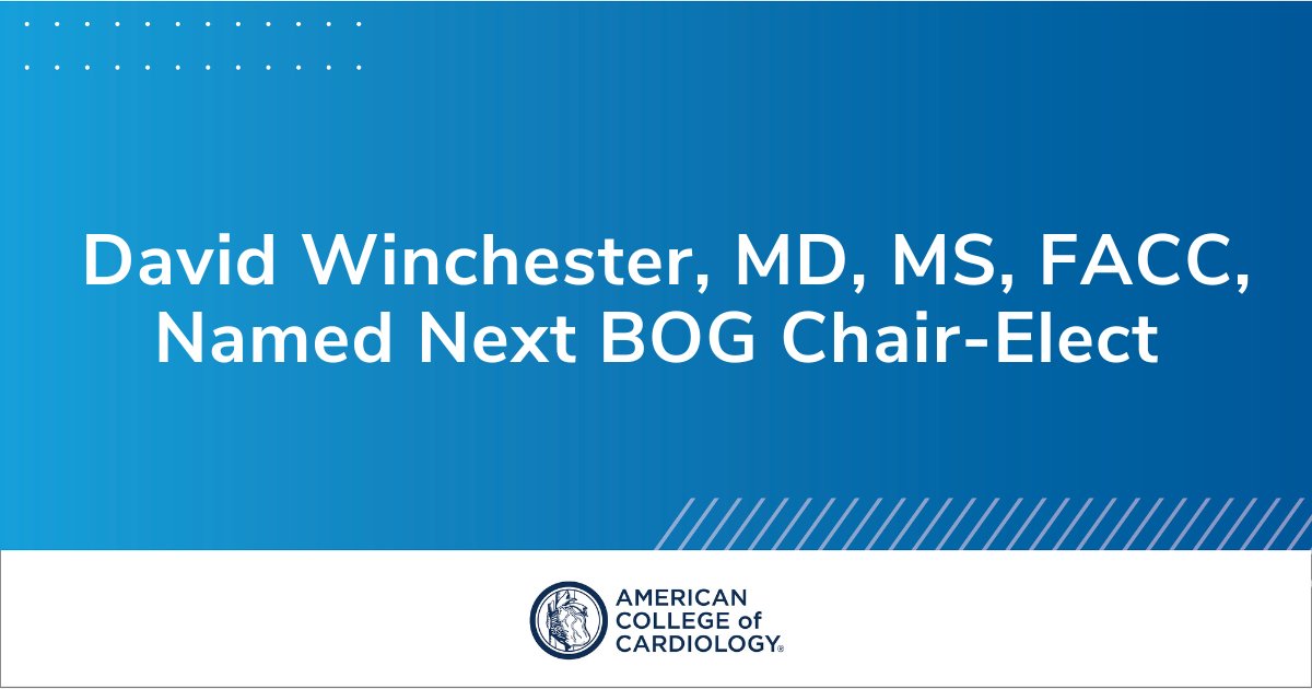 Congratulations to David E. Winchester, MD, MS, FACC, @drdavemd on being named incoming chair-elect of the #ACCBOG! 🎉

Winchester will assume his chair-elect role in April 2024 following #ACC24 in Atlanta. Read more: bit.ly/3S6fCUv