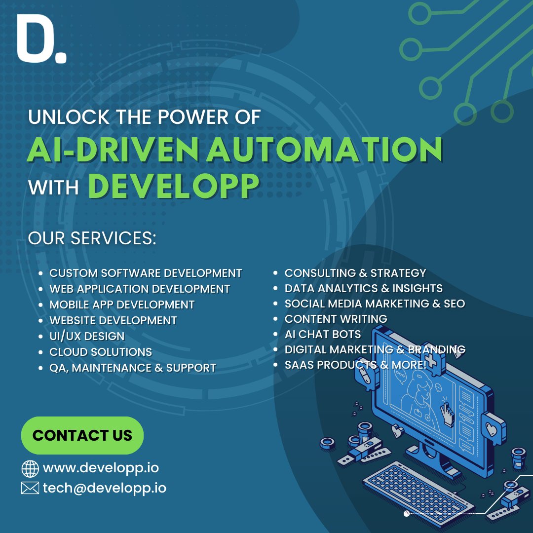 Navigate the future of coding with Developp! Our AI-driven services redefine efficiency – creating amazing experiences. 💻🤖 Code smarter, not harder!

Contact us:
tech@developp.io
developp.io

#AI #AIforAutomation #AIAutomation #FutureCoding #LetsDeveloppTogether