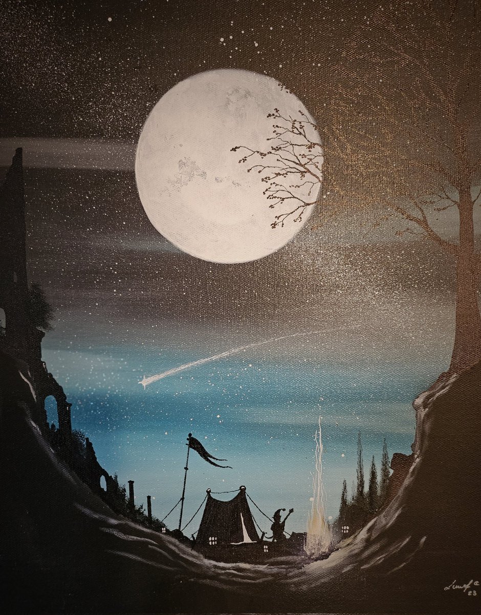 Bivouac à la citadelle d'Airain"
Ou comment croire encore à l'introspection et à la contemplation de la nature.

Toile 50/37 cm
Disponible en mp.
#harmonisationdeslieux #harmonyart #poésie 
#calme #lune