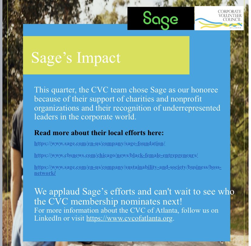 CVCofAtlanta's tweet photo. We are thrilled to recognize @SageUSAmerica as this quarter’s CVC Member Spotlight!
We chose @SageUSAmerica because of their support of charities and nonprofits and their recognition of underrepresented leaders
#CVCATL #CVCMEMBER #CSR #corporatevolunteer #communityimpact https://t.co/MsNGADiAZs