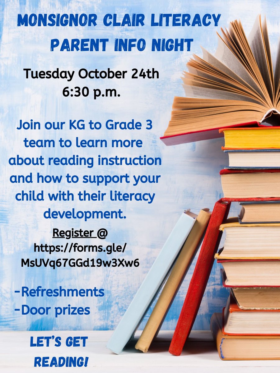 Monsignor Clair C.S. (@smcdsb_mcl) on Twitter photo You are invited to our Literacy Information Night for parents/guardians of students in kindergarten to grade 2 on Tuesday, October 24 at 6:30 pm! Email mcloffice@smcdsb.on.ca to register or use the Google Form in the flyer. See you there! You are invited to our Literacy Information Night for parents/guardians of students in kindergarten to grade 2 on Tuesday, October 24 at 6:30 pm! Email mcloffice@smcdsb.on.ca to register or use the Google Form in the flyer. See you there!