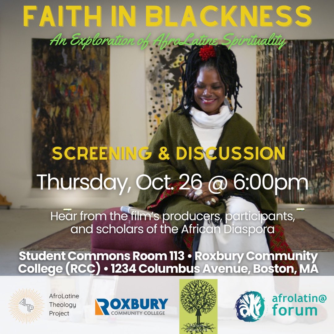 Join us for a screening of the short documentary "Faith in Blackness: An Exploration of AfroLatine Spirituality," followed by a panel discussion with the filmmaker and other local experts. <a href="/CumbreAfro/">Red de Mujeres Afro</a> <a href="/afrolatinoforum/">afrolatin@ forum</a> <a href="/soulfulafro/">Yvette Modestin</a>