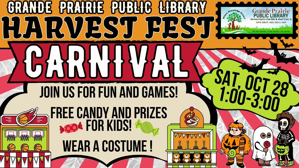 Our Harvest Fest is Creepin' on Us Soon!  
Wear a costume and join us for mini-carnival games, candy, and prizes!
Saturday, October 28 from 1:00pm-3:00pm
#HarvestFest2023 #SpookySeason #OctoberFun #LibraryFun #GrandePrairiePublicLibrary