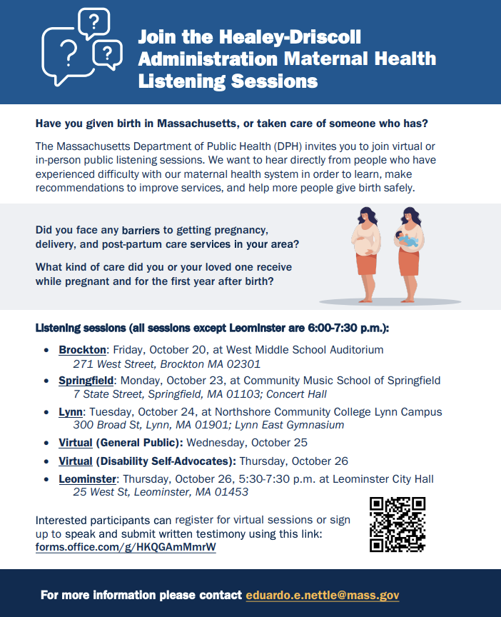 reproequity_now's tweet photo. Have you faced barriers to accessing pregnancy, delivery, or postpartum services in Massachusetts? The Healey-Driscoll administration needs to hear from you!

Join a listening session and share your experience or difficulty with our maternal health system: https://t.co/ZzJBxvGiqh https://t.co/YyCykVZ8wH