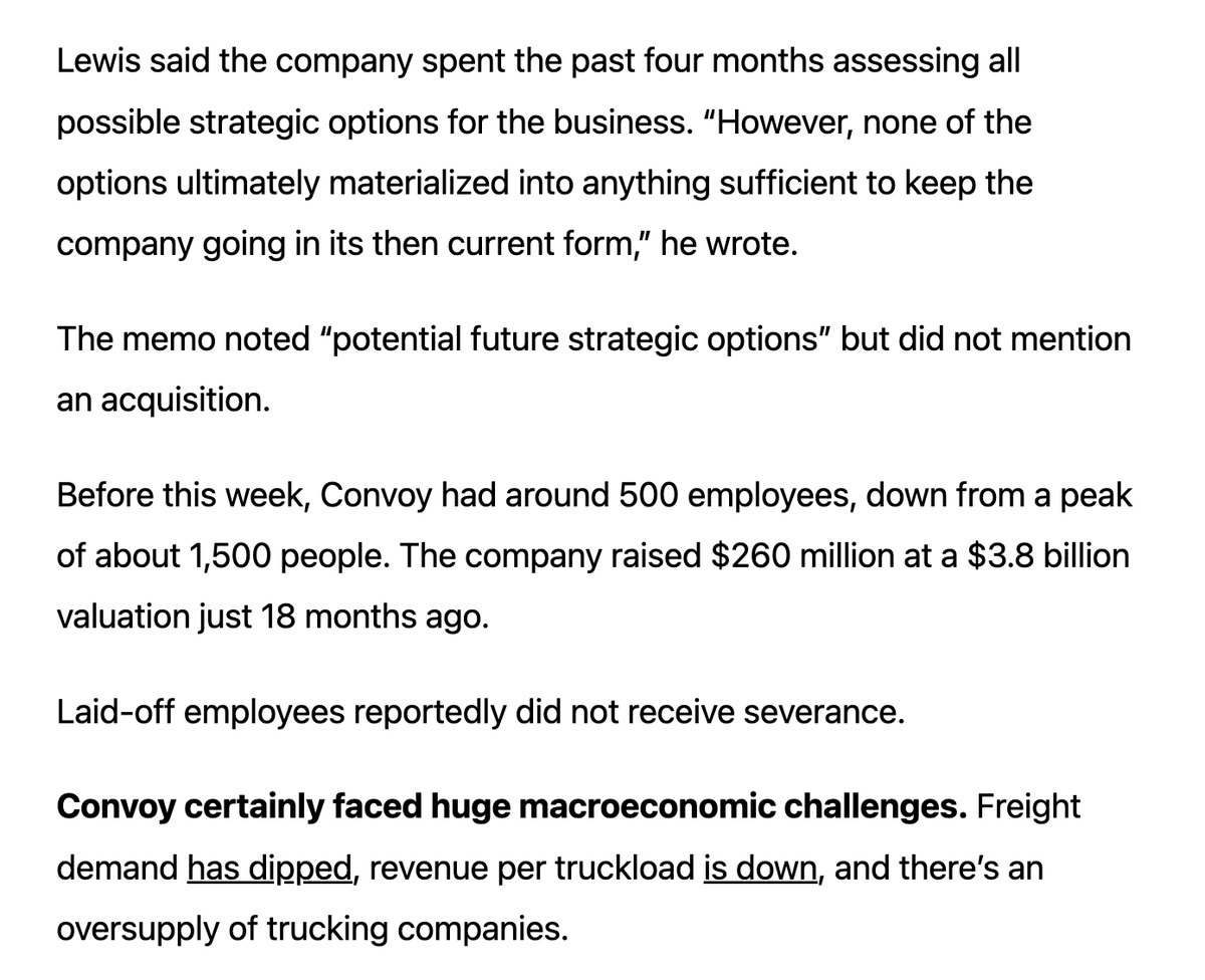 The trucking freight startup Convoy shut down overnight after raising at $3.8B valuation 18 months ago. It's the same story over and over (Deliverr, Flexport, Amazon, Shopify, etc)

1. the entire ecomm supply chain got way ahead of their skis during the pandemic thinking boom