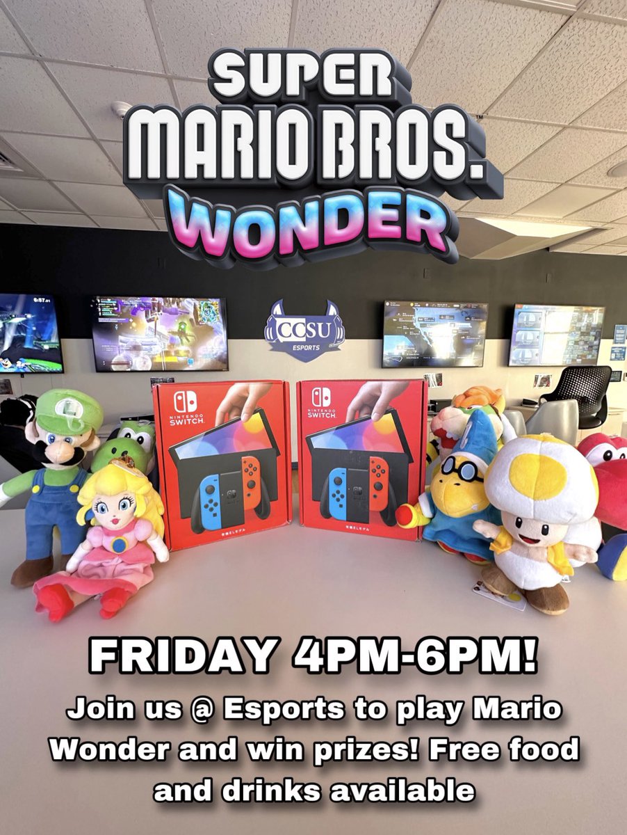 CCSU_VGC's tweet photo. ‼️SUPER MARIO WONDER EVENT TOMORROW‼️Come to Esports tomorrow and celebrate the release of the Mario Wonder game on the switch! Event will be from 4pm-6pm; free food and drinks will be available. All attendees will be entered into a raffle to win plushies +(2) NINTENDO SWITCHES‼️ https://t.co/76W1gG233M
