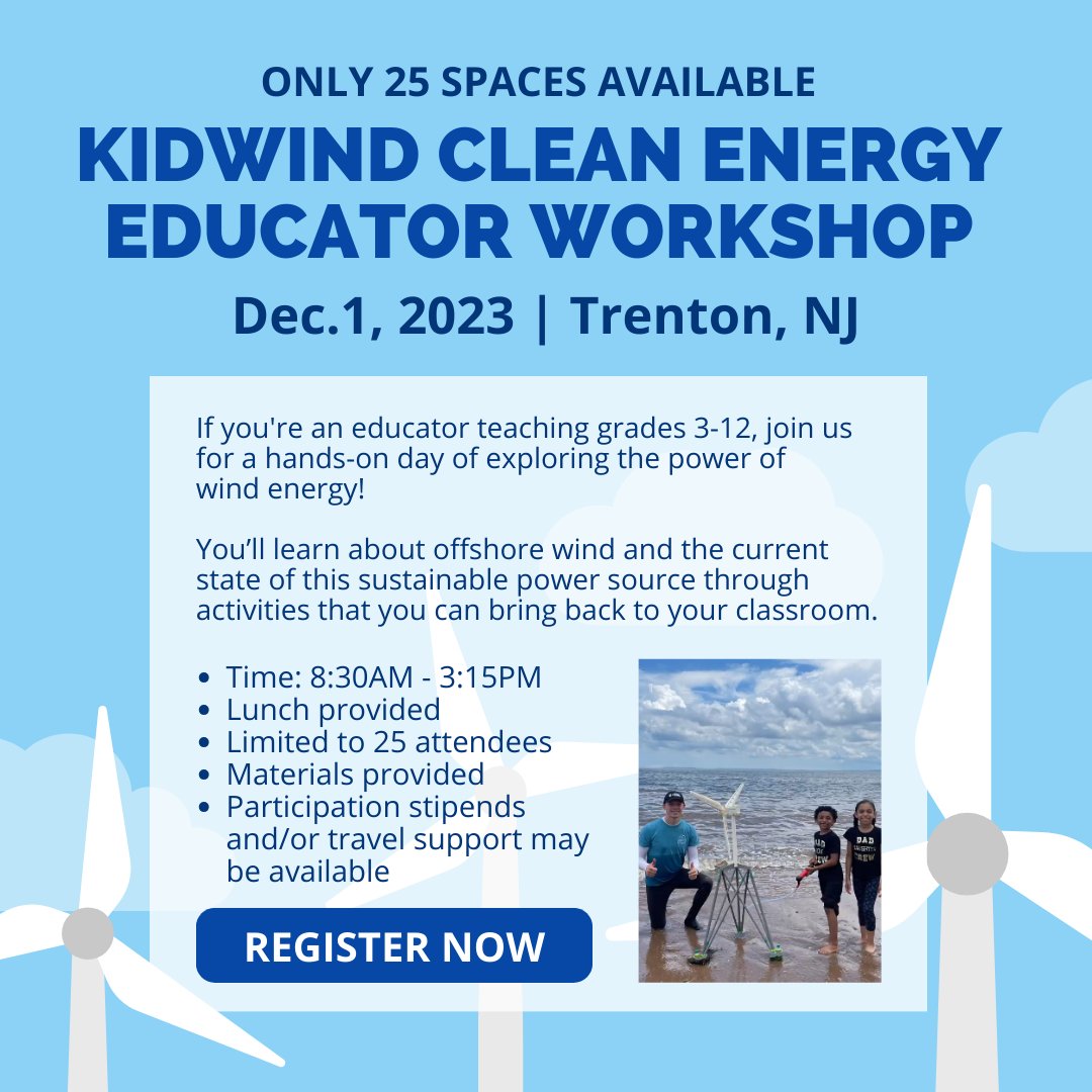 🌬️ We've partnered with our friends @KidWind_Project for a hands-on day of exploring the power of #windenergy! 

There are only 25 spaces available for this PD, so don't wait to apply: ow.ly/jWZi50PYNlr

#NJEducators #NYEducators #TeacherTwitter #EduTwitter #TeacherPD