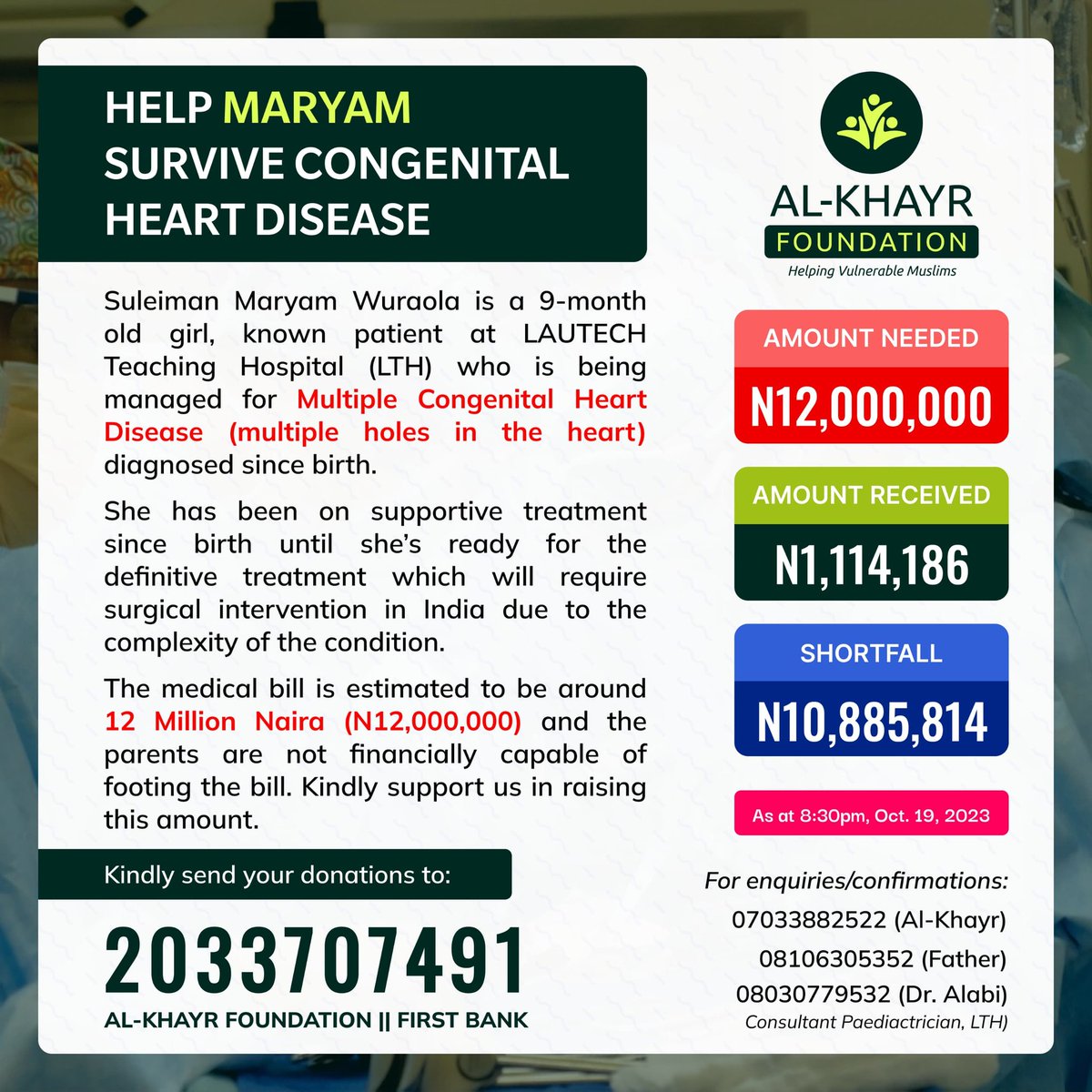 AMHS_LTH_CHS's tweet photo. HELP MARYAM SURVIVE CONGENITAL HEART DISEASE

Imagine what it would be like to see Maryam's smile when she finally grow up and play around like other kids.  
Please send your donations today and help us save Maryam's life.

First Bank/Al-Khayr Foundation/2033707491

#SaveMaryam https://t.co/zKpxk9p4OW