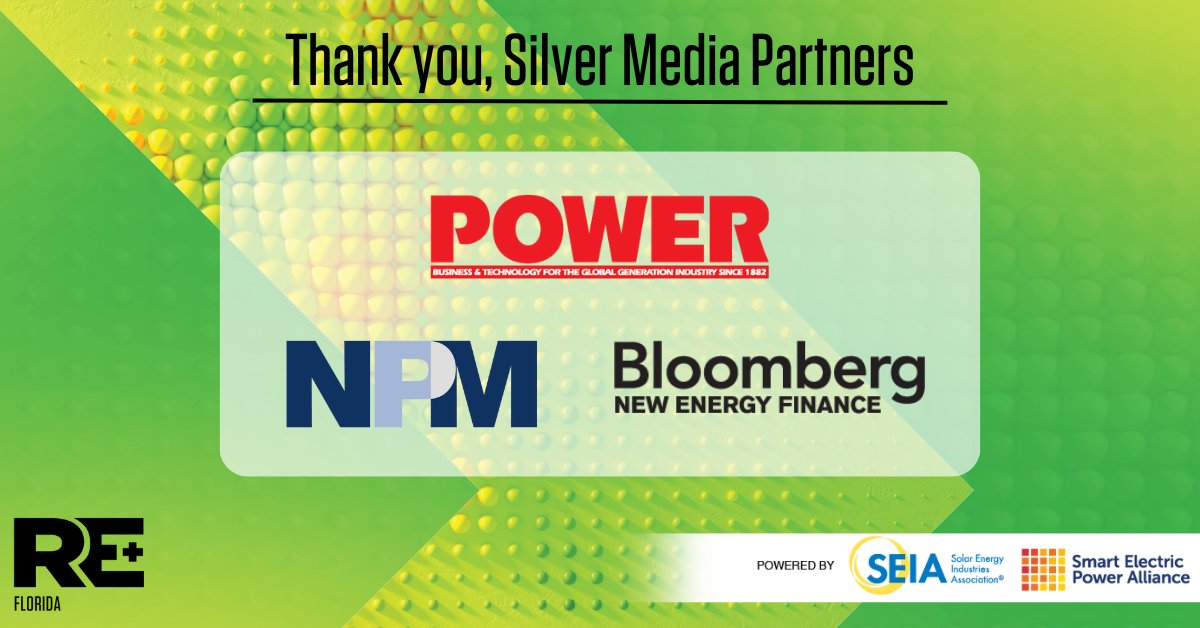 REPlusEvents's tweet photo. Thank you to our Silver Media Partners for their assistance in bring RE+ Florida to fruition! #REPlusFL @POWERmagazine @NewProjectMedi1 @BloombergNEF https://t.co/02wFioY97t