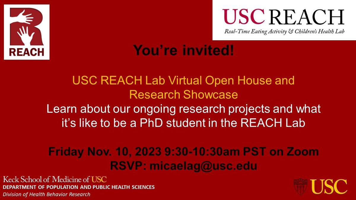 Interested in mhealth, EMA, physical activity, diet, sleep? Join us for the USC REACH Lab Virtual Open House for prospective PhD applicants on Nov. 10. We're accepting applications for the PhD in Health Behavior Research Program at the University of Southern California. <a href="/USC_HBR/">USC Division of Health Behavior Research</a>