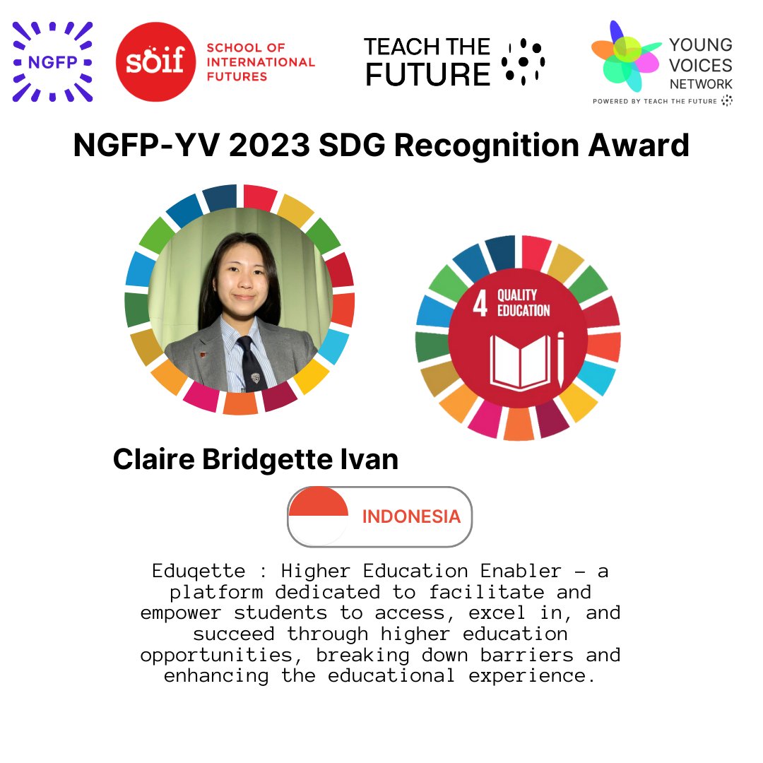 teachfutures's tweet photo. Congratulations to our NGFP SDG Recognition Award Winner Claire Bridgette Ivan of Indonesia, for her "Eduquette" project proposal. SDG outcome: Quality education. https://t.co/lOs6R9h3Pk @SOIFutures @teachfutures
#NextGenForesight #NGFP2023 #NGFPFellows #teachthefuture #future https://t.co/jJ3EQFsbGJ