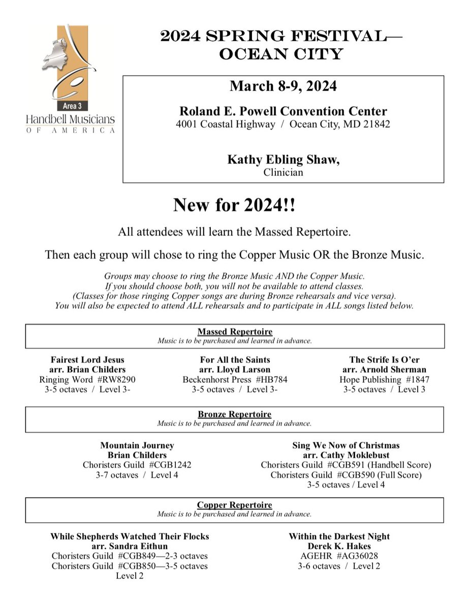 Area3Handbells's tweet photo. In addition to our Youth in November, we are excited about our 2 Spring Festivals in March, 2024!!  For more information and registration details, please visit....
https://t.co/lmjinPbdWX
#HMAArea3 https://t.co/lABXfAO0rs