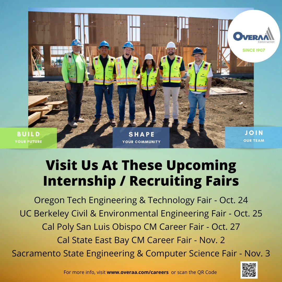 OveraaConstruct's tweet image. Join us at the upcoming internship / recruiting fairs at @OregonTech, @UCBerkeley, @CalPoly, @CalStateEastBay, and @sacstate, and learn about career paths available to you at Overaa Construction.

@UofCalifornia @calstate 

#overaa #overaaconstruction #career #bestplacestowork