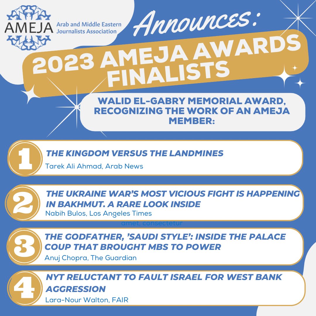 We hesitated to make this announcement given somber mood. However, AMEJA exists to support Arab &amp; Middle Eastern #journalists and the awards highlight stellar coverage of the region and heritage communities here at home. Our mission is more important than ever (more in 1st slide)