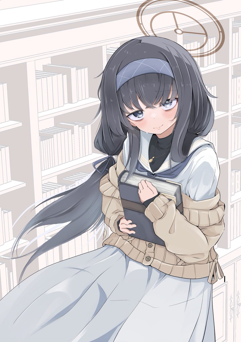 ui (blue archive) 1girl solo book black hair long hair hairband halo  illustration images