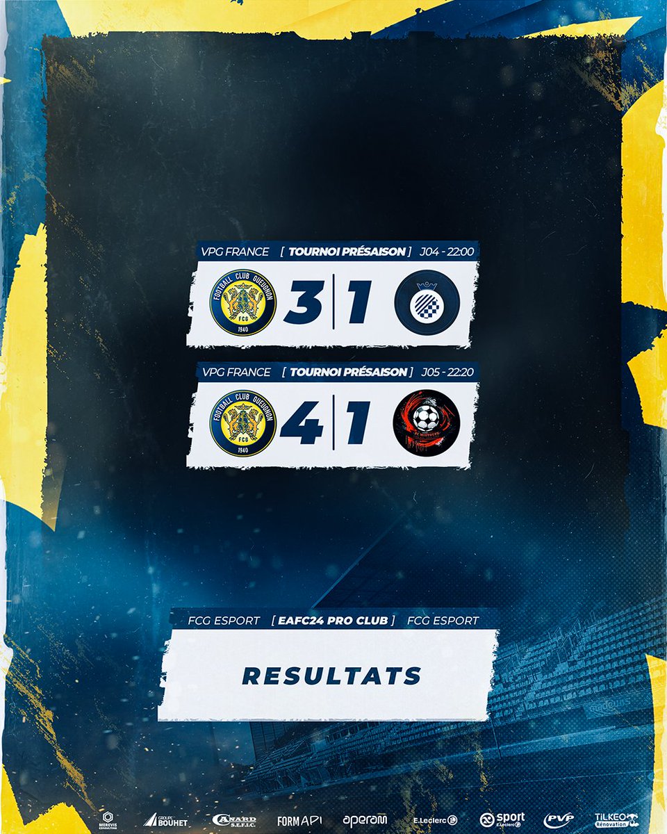 <a href="/VPGFrance_/">VPG France</a> <a href="/FcMobali/">FC Mobali</a> <a href="/FCMistoufe/">FC MISTOUFE</a> <a href="/AnArChY_XkiILeR/">AnArChY-13R</a> <a href="/Diiwan10/">Diiwan10 IPTV</a> <a href="/NP_Pitchey/">Pitchey24</a> <a href="/Abadjii_95/">Abadjii</a> [#FC24 Club Pro]

🟡Résultats🔵

🏆 Tournoi de pré-saison <a href="/VPGFrance_/">VPG France</a>
✅3-1 🆚 <a href="/FcMobali/">FC Mobali</a> 
✅4-1 🆚 <a href="/FCMistoufe/">FC MISTOUFE</a> 

Invaincu en poules, le FCG eSport se qualifie en phase finale du tournoi de pré-saison <a href="/VPGFrance_/">VPG France</a>, rendez-vous la semaine prochaine 💪