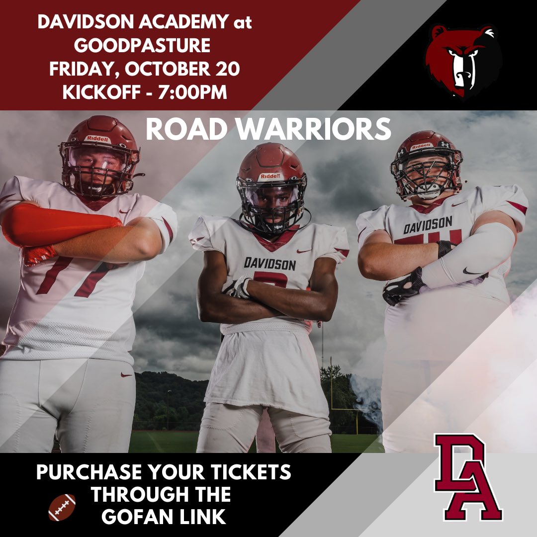 davidsonacademy's tweet photo. Our varsity football team has a big road test tomorrow at Goodpasture at 7pm. 
Let’s fill up the bleachers to cheer on @BearsDavidson! Purchase your tickets through the GoFan link.
https://t.co/VIHBBK63XO
@athletics_da 
#theDAway #DAfootball #davidsonacademy https://t.co/yquR8erf9s