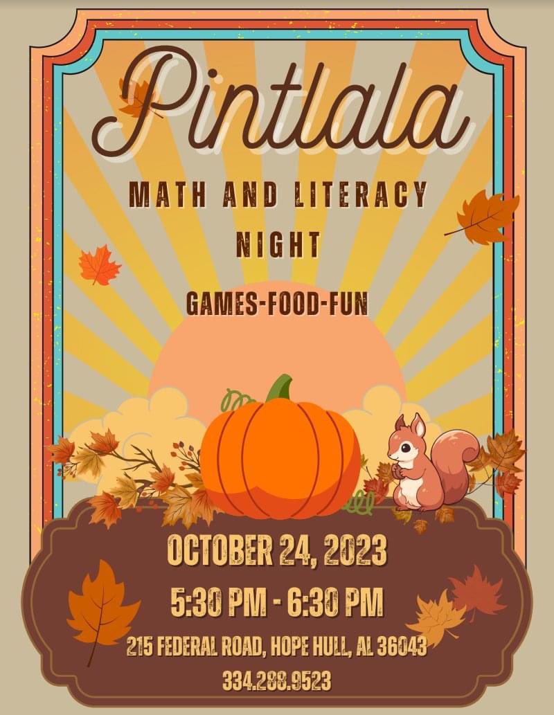 🌟Pintlala Elementary School presents Math and Literacy Night🌟

Make plans to join us!!

#TheresMoreWithMPS #TheresMoreWithPES
