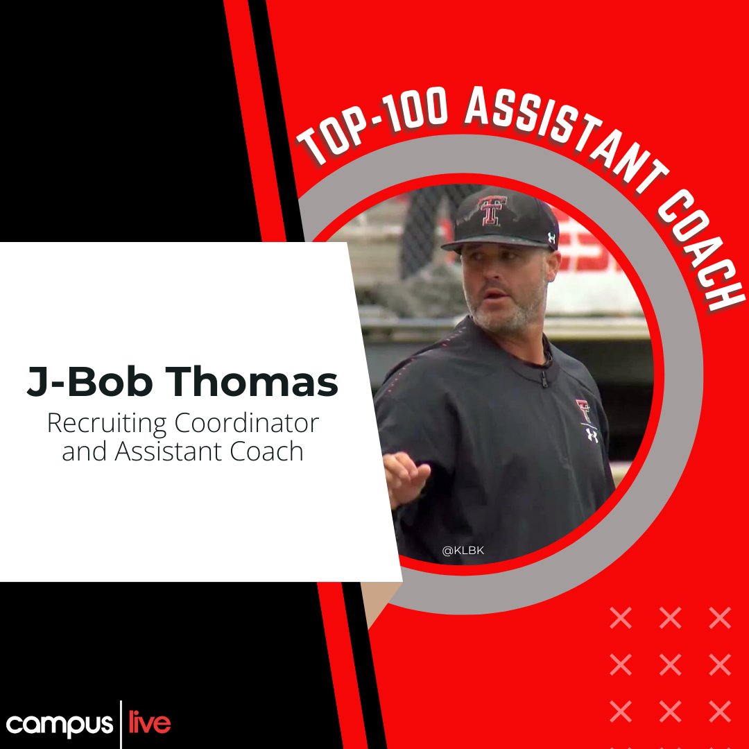 CampusLiveTTU's tweet photo. With @ttu_baseball 's season just around the corner, recruiting coordinator and assistant coach J-Bob Thomas has been named to D1Baseball's Top-100 Assistant Coaches List.

#TexasTech #Wreckem #TexasTechBaseball https://t.co/zbvlVvXViq