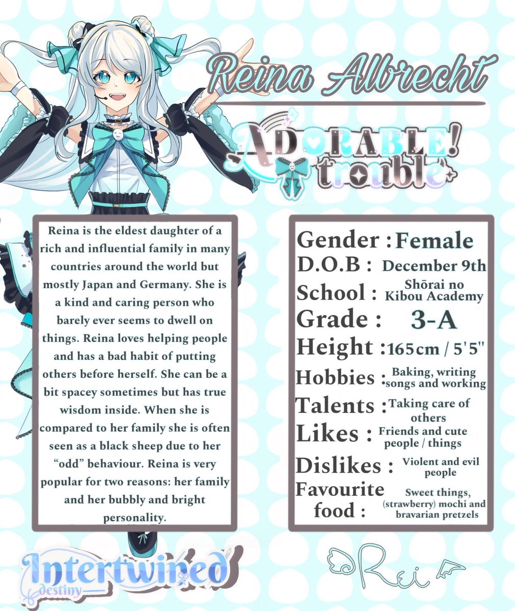 destinyidols's tweet photo. Meet the leader of ADORABLE!trouble, Reina Albrecht, also known as Rei!~ 🩵

"Our ADORABLE performances are sure to put a smile on your face! We hope you'll support us~"

🎨: oliveyoink on discord and youtube

#ADORABLEtrouble #ReinaAlbrecht https://t.co/Dah613If3s