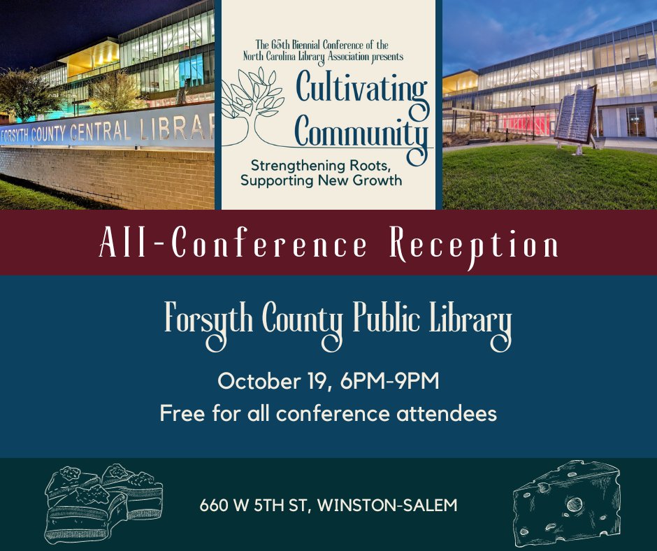 Join us tonight at 6pm for the All-Conference Reception at the Forsyth County Public Library on 5th Street! Free and open to all conference attendees. #NCLA23