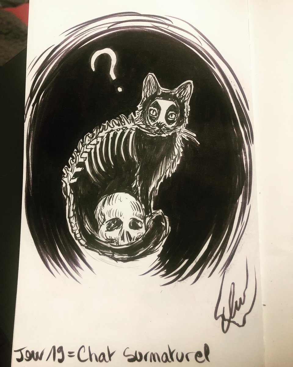 Lijipen's tweet photo. Inktober 2023 (version MCH)
Jour 19 = Chat surnaturel 🐈‍⬛

J’avais pas beaucoup de temps aujourd’hui.. mais je l’aime bien quand meme :) 
Merci à @human_academy_europe !

#drawing #draw #dessin #art #artist #inktober #chatsurnaturel #squelette #challenge #concours #monstre https://t.co/4h0u2Zzkrf