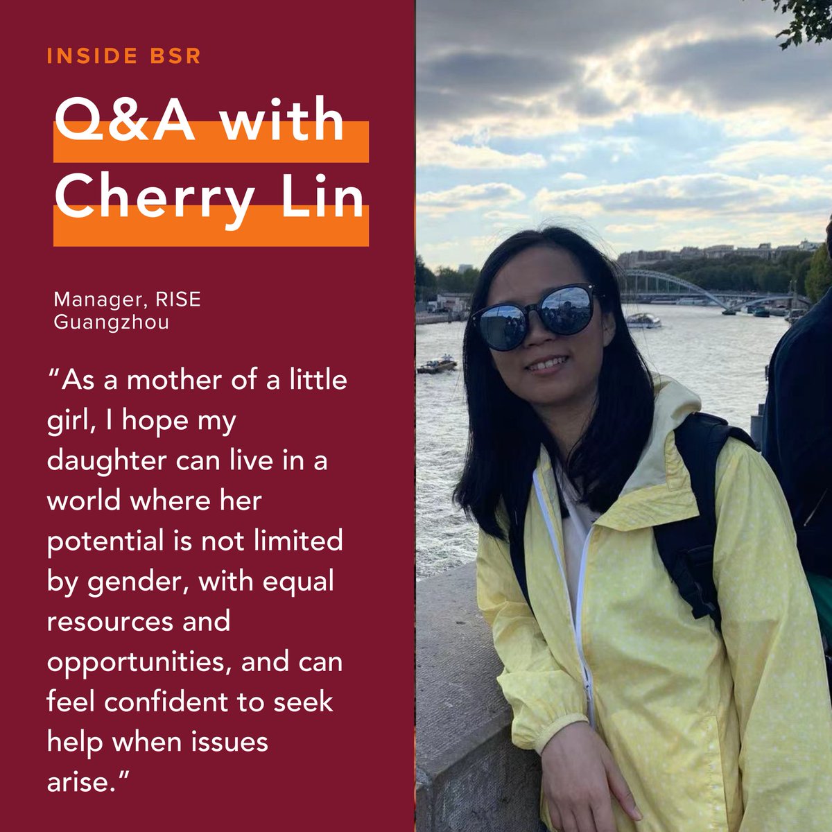 Inside BSR is our series featuring BSR team members from around the world. Meet Cherry Lin, a Manager based out of our Guangzhao office who works on supporting gender equality in global supply chains. bsr.org/en/blog/inside…