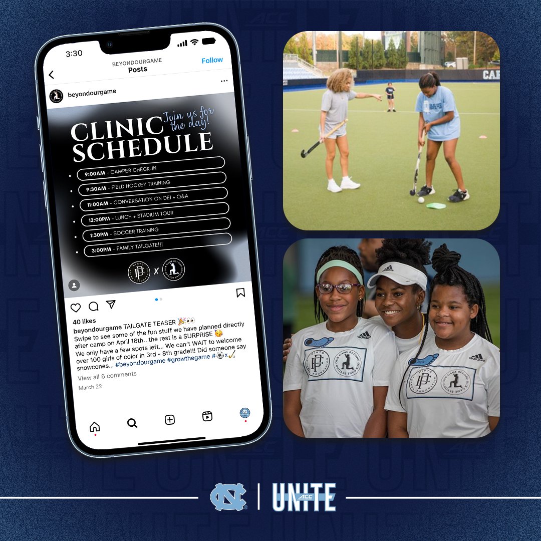 GoHeels's tweet photo. Tar Heels giving back, even after their playing days in Chapel Hill are over.

Field Hockey alum Courtnie Williamson partnered with Women's Soccer alum Brianna Pinto and current Tar Heels from both teams for a clinic that had 100+ girls of color participate ⚽️🤝🏑

#GoHeels x #UNITYWeek
