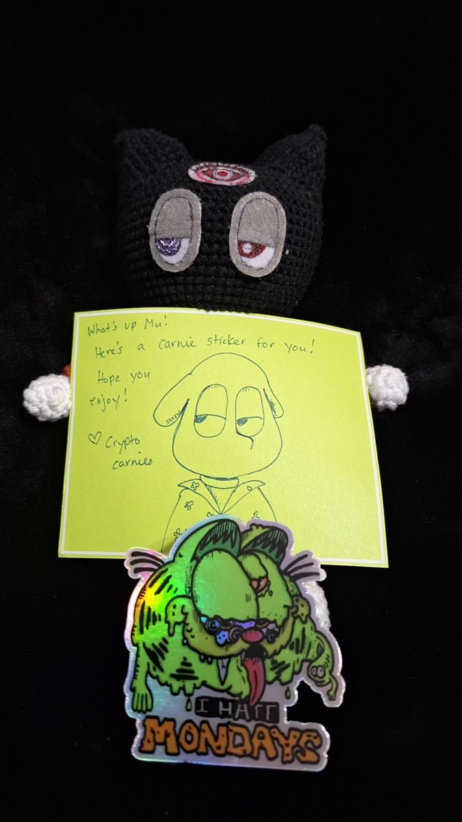 MetaM00's tweet photo. Ayoo, ngl @CCarnies are actually becoming the homies! 
Thank you for this dope carnie Garfield 👀❤️‍🔥🤘🏿 #CryptoCarnies

I know #Sauvi appreciates the holo sticker, he even read the note in how he imagines your voice! 😂 https://t.co/ooWQbKEDdv