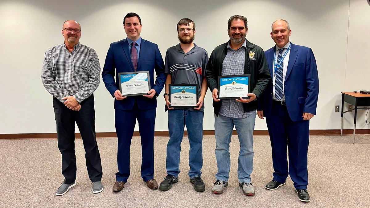 Congratulations to @Arburyhills161 Building Technician Brett Scheuber, @djreagles Building Technician Timothy Schmelzer, and Indian Trail <a href="/Scout_161/">Indian Trail Elementary 161</a> Tech Teacher Jonah Schneider on winning our October Summit Award! ❤️💙💛 #161Momentum