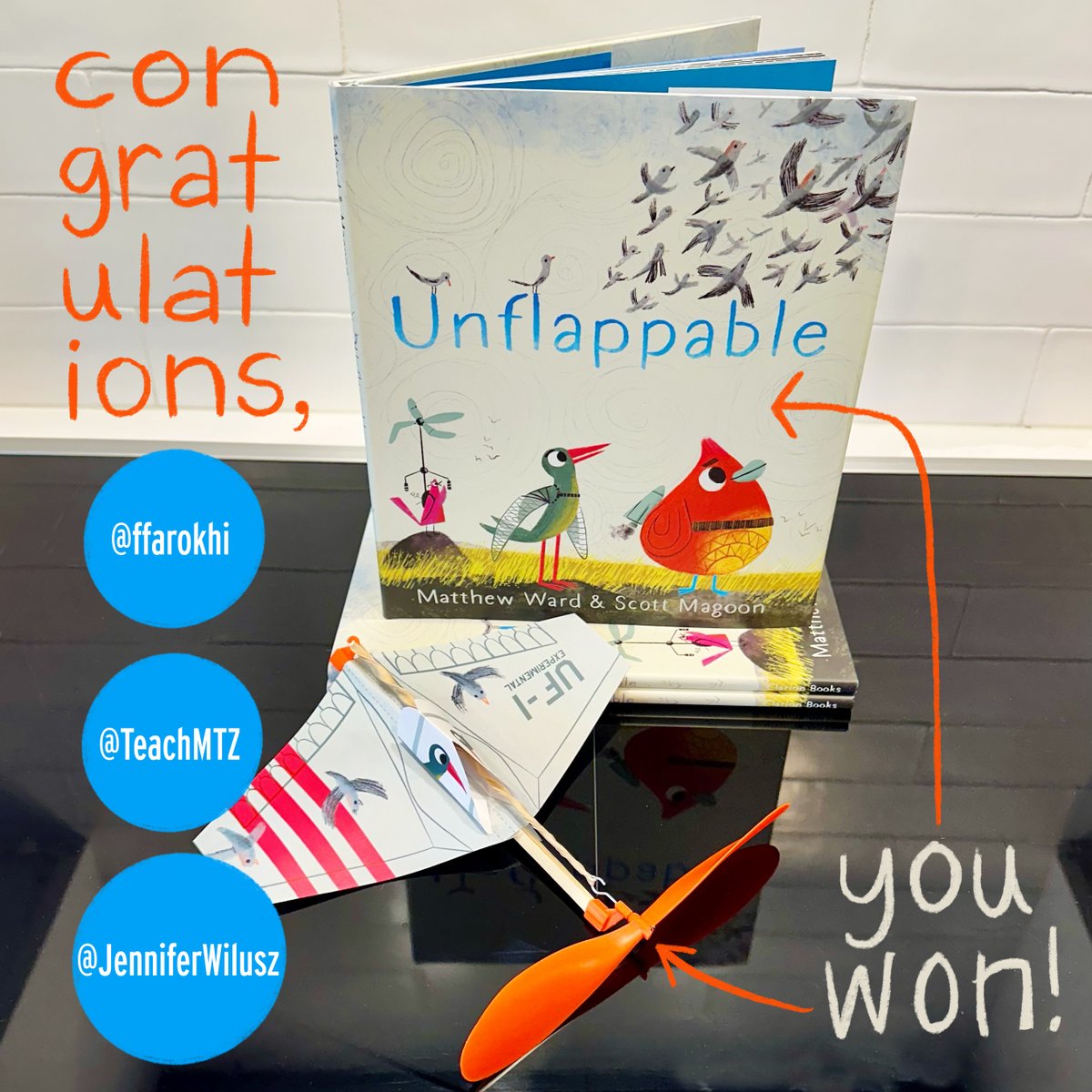 smagoon's tweet image. THANKS to everyone who entered my UNFLAPPABLE #giveaway! CONGRATULATIONS to 3 winners:🐦@ffarokhi🦉@TeachMTZ &amp;amp;🦜@JenniferWilusz (Please DM me)! They won a FREE, signed-by-author @mattwardwords &amp;amp; me book + plane. #UNFLAPPABLE available now, link in bio. #bookbirthday #powerofyet