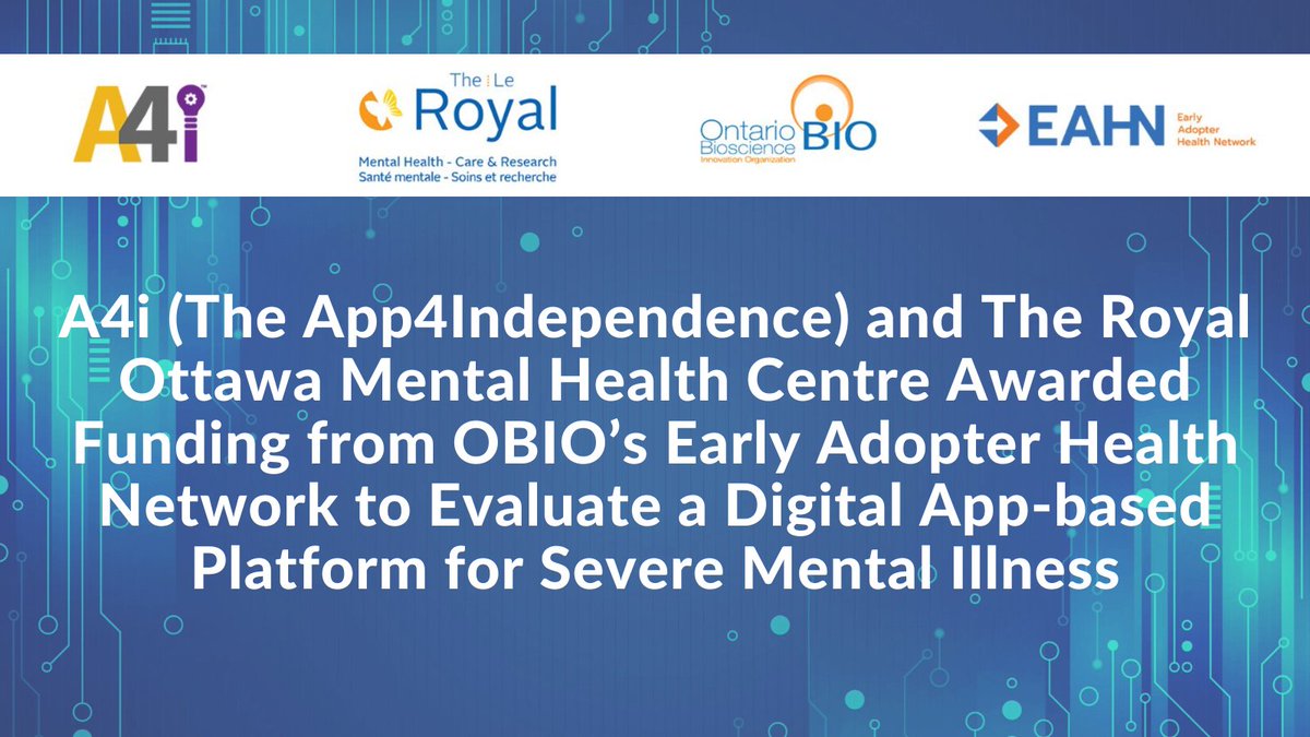 OBIOscience's tweet photo. One of our projects addresses barriers to treating mental illnesses &amp; improving patient experience. Through support from #OBIO’s Early Adopter Health Network (#EAHN), A4i Inc. has partnered with @TheRoyalMHC to drive adoption &amp; integration of their digital app-based platform. https://t.co/0nZF1tt13v