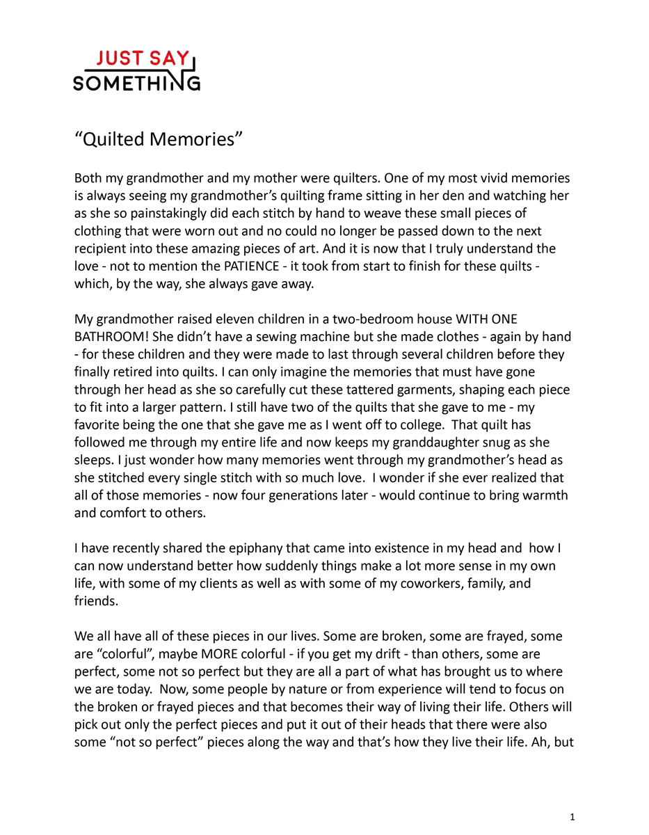 justsaysc's tweet photo. #JustSaySC’s Guest Blog is written by Karen Hyatt, Family Support Specialist/Parenting Consultant, about how our lives r a patchwork quilt stitched together from tattered remnants of memories, good &amp; bad. Please take a minute to read this lovely blog.

https://t.co/pIlN69YgXK https://t.co/GsGu2Pr6W0