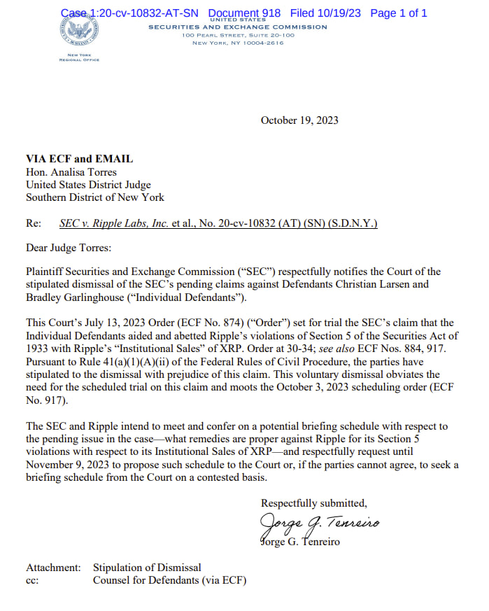 Good news for the #XRP founders. Aiding and abetting charges dropped. No charges or trial for them personally I think.