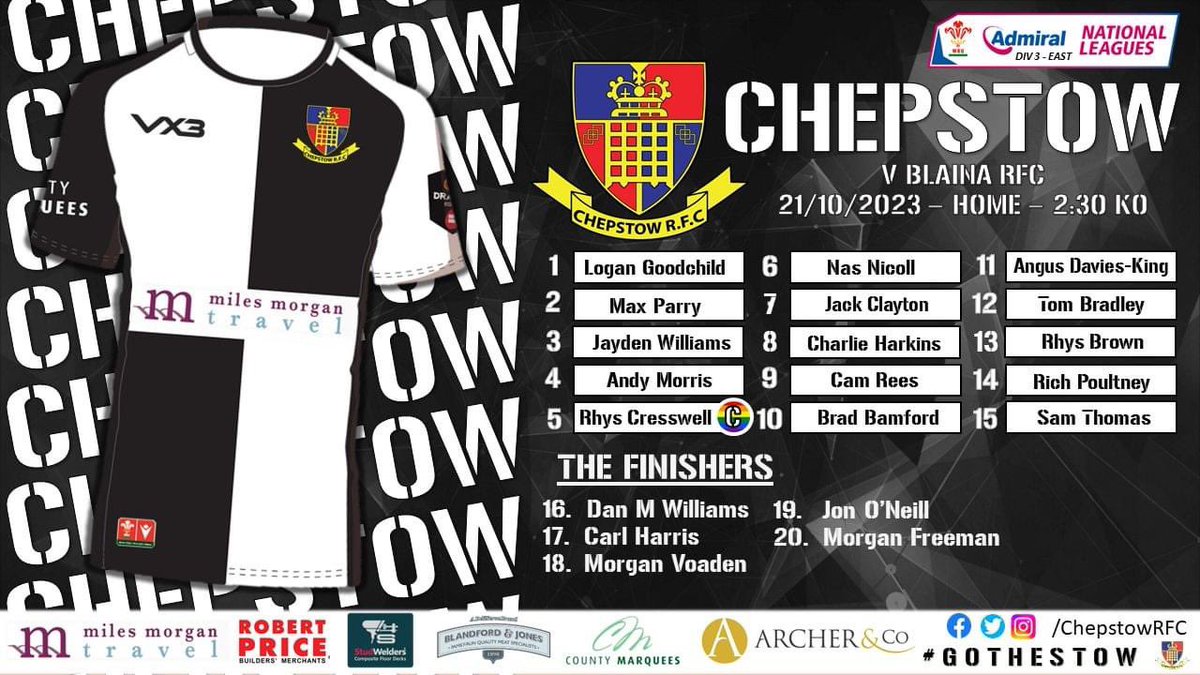 CHEPSTOWRFC's tweet photo. 🚨TEAM NEWS🚨
Here is the 1XV Squad to take on Blaina RFC - HOME on Saturday for a 2:30pm KO 🏉
All support is greatly appreciated 👏 https://t.co/K6Ka45zbHv