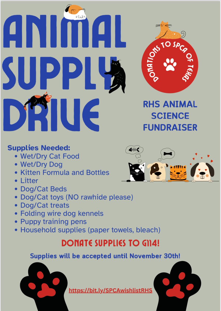 Ms_NewmanRHS's tweet photo. Next week starts our Animal Supply Drive!
Students write donation letters to their teachers and collect donations for a local shelter. This year is SPCA of North Texas!
#RISDWeAreOne #Communityservice #CTEAnimalScience @RISD_CTE https://t.co/i5BvzmQOMb