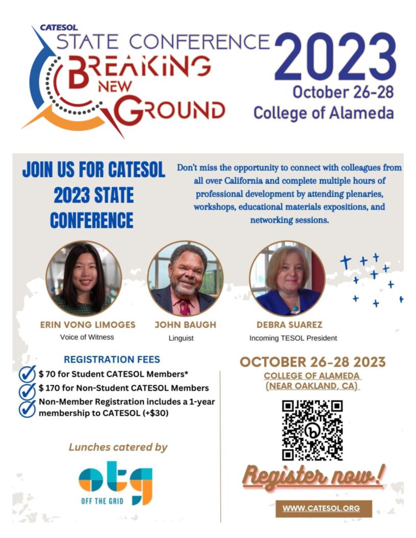catesolbayarea's tweet photo. 🤩Attention CATESOL members and non-members!

✅Mark your calendars for October 26 - 28, as the College of Alameda transforms into the epicenter of language magic and pedagogical wonders. 🔥

👏JOIN US NOW!!! Go to https://t.co/y2OM3pcmV0 to explore more! https://t.co/DGRmkdOQ6d