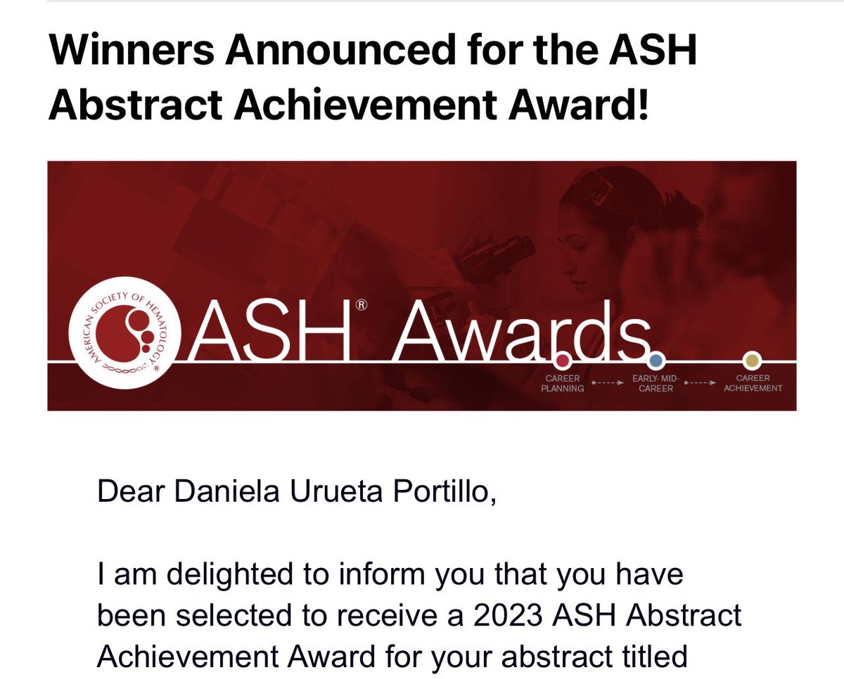DanielaUruetamd's tweet photo. 🎉 Exciting News! 🏆 Honored to have received the 2023 ASH Abstract Achievement Award for my research on healthcare disparities. Looking forward to presenting at the ASH Annual Meeting in San Diego this December! Thanks to @AEDiazMD who supported me on this journey. #ASH2023 @LatinasInMed @uthsaim