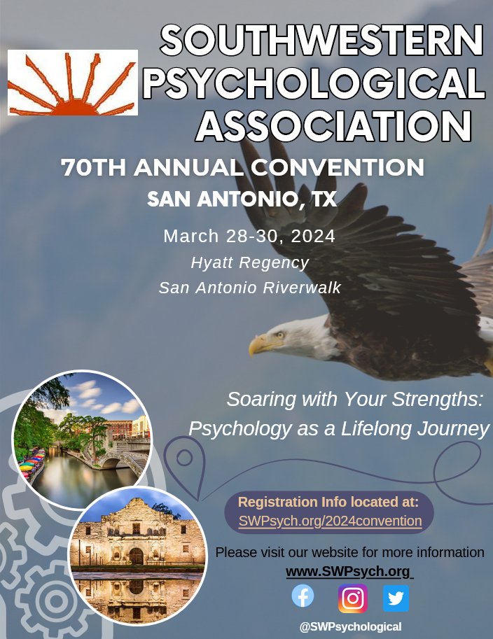 Attention SWPA psychological scientist!

The 2024 Convention is approaching, and registration is now open! xcdsystem.com/swpsych/member/

Join us at the Hyatt Regency San Antonio Riverwalk, located in the heart of the vibrant city of San Antonio.

#SWPA2024