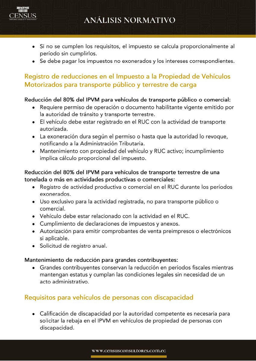 CensusEc's tweet photo. #AnálisisNormativo | El @SRIoficialEc estableció las normas aplicables al procedimiento de registro de la exoneración del Impuesto anual sobre la Propiedad de Vehículos Motorizados (IPVM).
Te invitamos a leer los detalles de esta resolución:
#CensusInforma #Impuestos #Vehículos https://t.co/F3o3LkM6sU