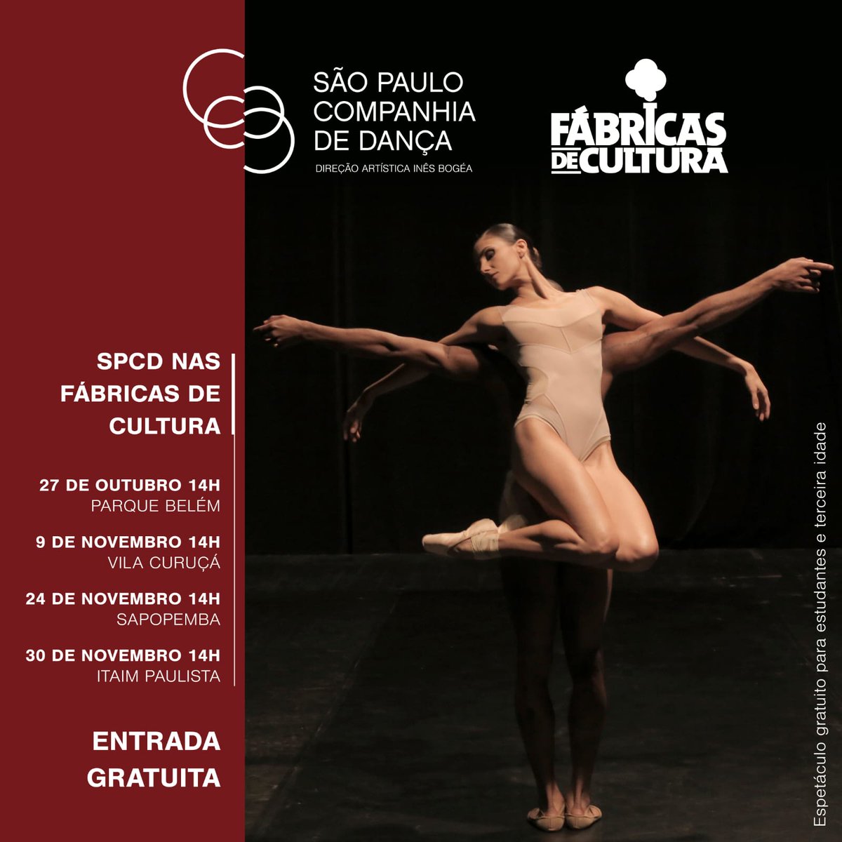 Anote na Agenda! A São Paulo Companhia de Dança leva obras de seu repertório para quatro unidades das Fábricas de Cultura na cidade de São Paulo! Nos vemos lá! @ines_bogea @CulturaSP #Culturasp