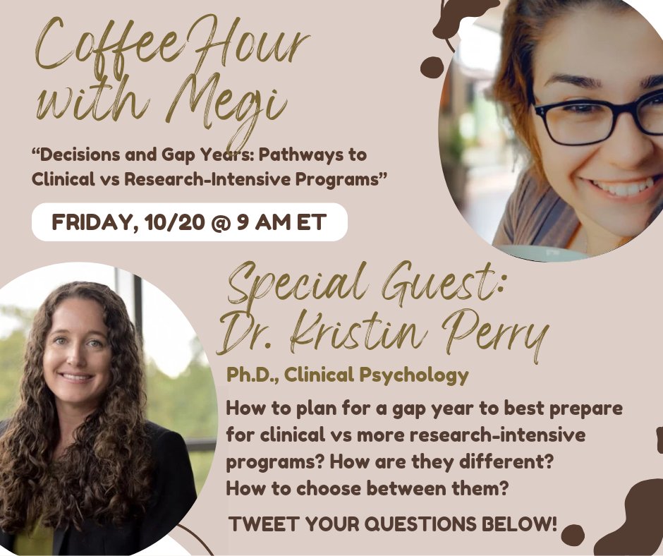 RT for undergrads! Join my space tomorrow! #CoffeeHourWithMegi ☕ Special guest is Dr. Perry who will chat with me about how to best prepare for clinical vs research-intensive programs, as well as revisit gap years! #GradSchoolapps 🎙️ Tweet your Qs! #PhD x.com/i/spaces/1OdKr…